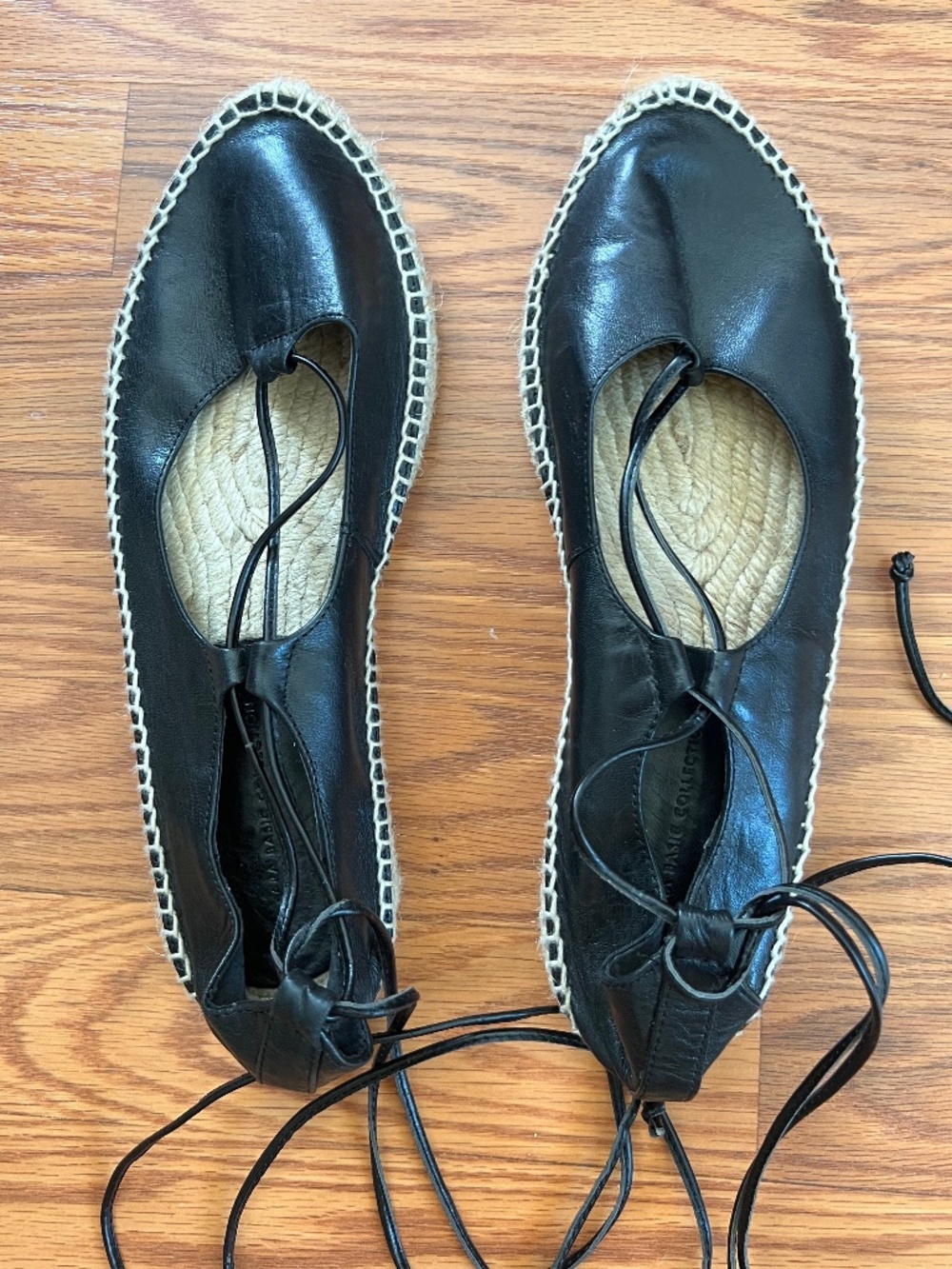 Zara Basic Black Leather Espadrille Ankle Tie Wrap Sandal 39 or 8.5
